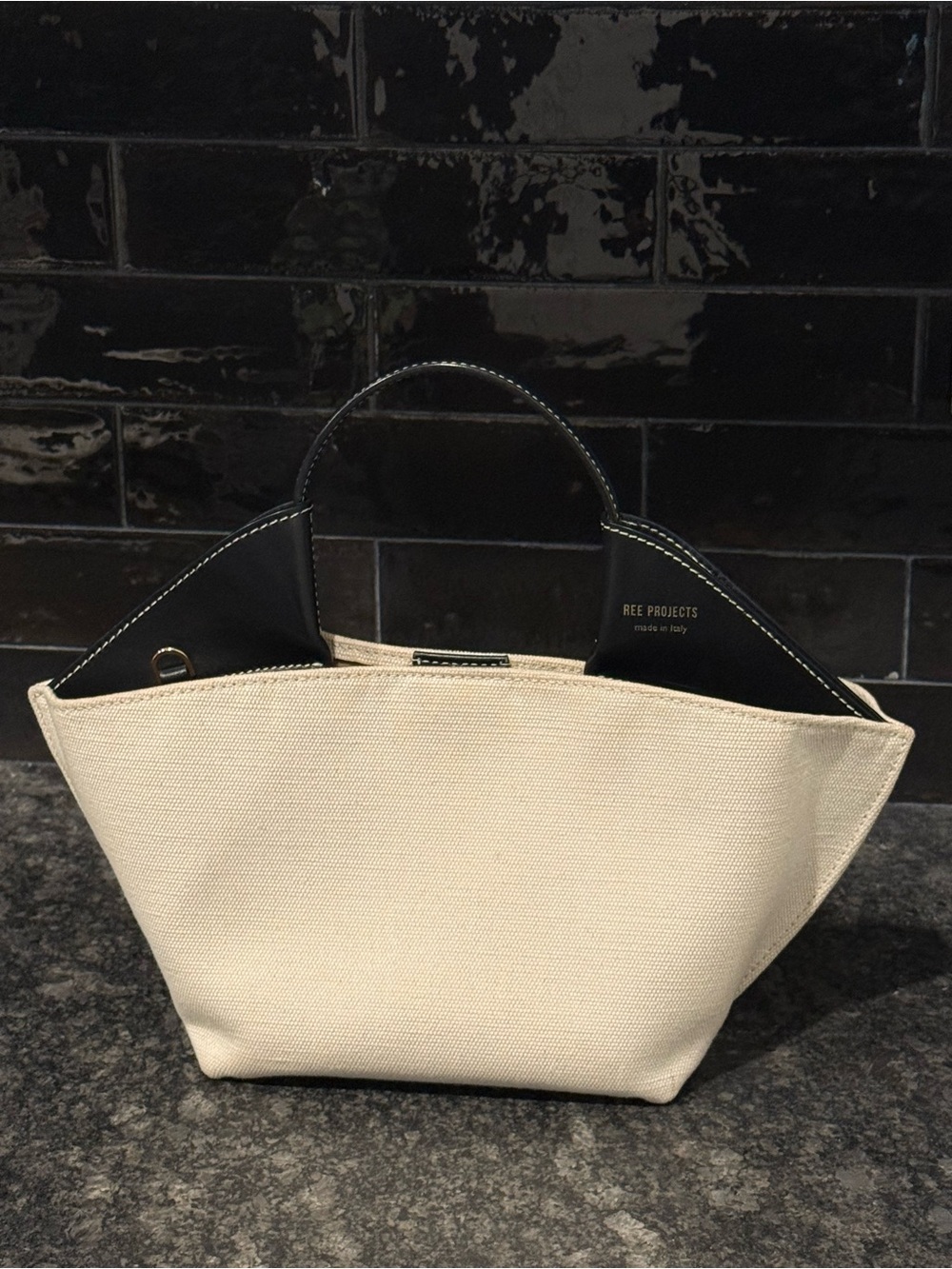 Ree Projects Mini Anne Cream Canvas Tote with Black Leather Trim